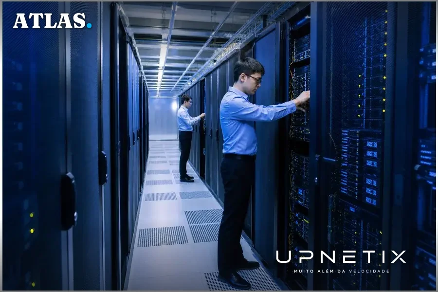 Datacenter moderno iluminado em azul representando infraestrutura Tencent Cloud.