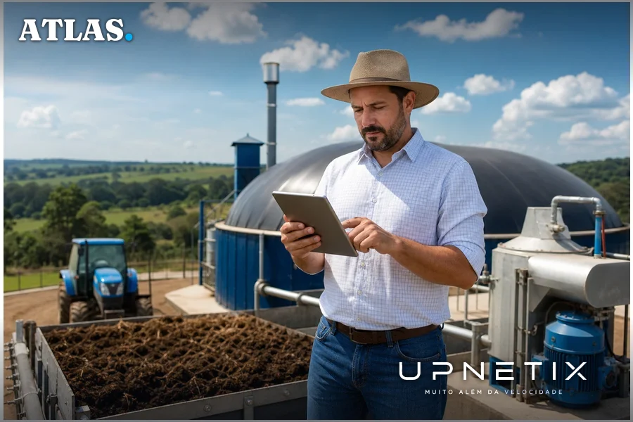 Pequeno produtor rural brasileiro usando tablet para monitorar dados de biogás na propriedade agrícola.
