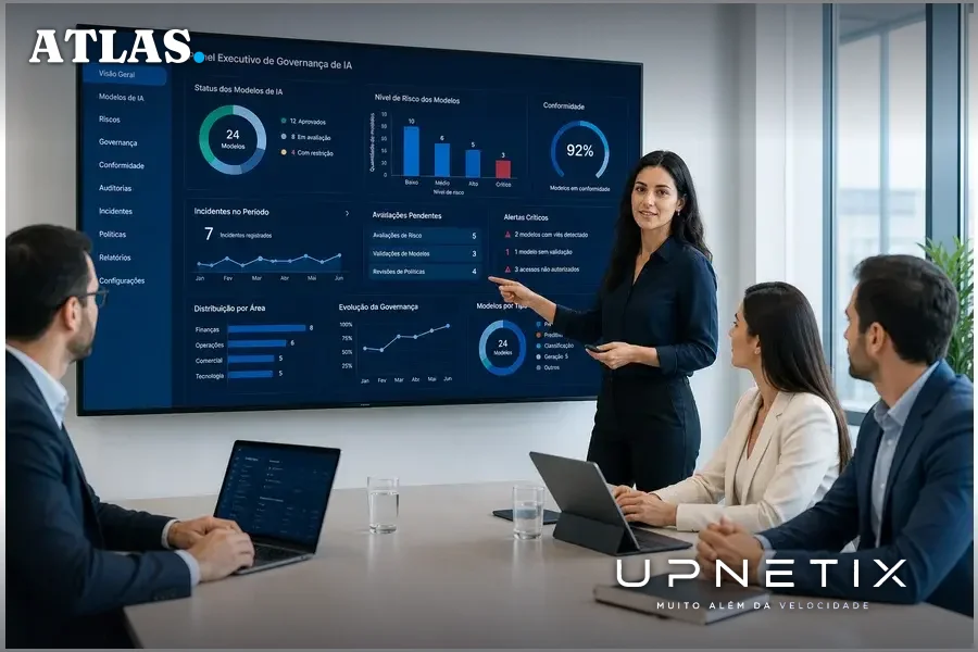 Equipe de profissionais de TI reunidos em sala moderna com dashboard digital da plataforma GRC da Veyra ao fundo.