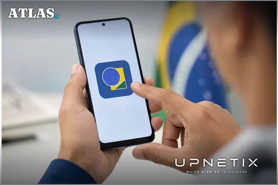 Pessoa segurando smartphone exibindo o aplicativo oficial da Justiça Eleitoral em fundo neutro.