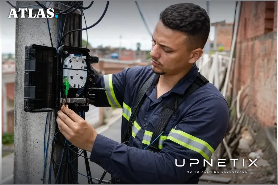 Técnico de ISP regional realizando manutenção em fibra óptica em região com desafios de segurança pública no Brasil.
