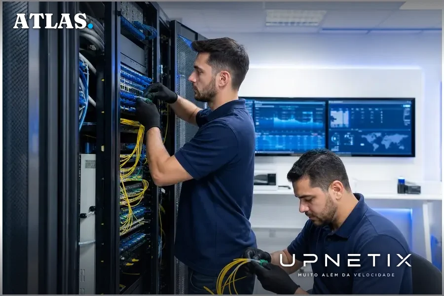 Técnicos instalando cabos de fibra óptica em sala de equipamentos de rede do governo federal