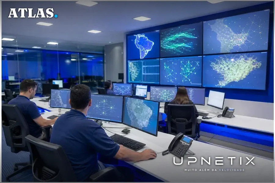 Sala de operações de rede (NOC) de ISP regional com técnicos trabalhando em computadores e telas de monitoramento.