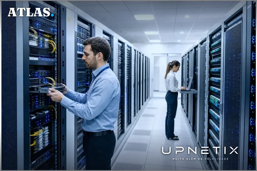Interior de data center moderno no Brasil com servidores e equipe técnica operando equipamentos