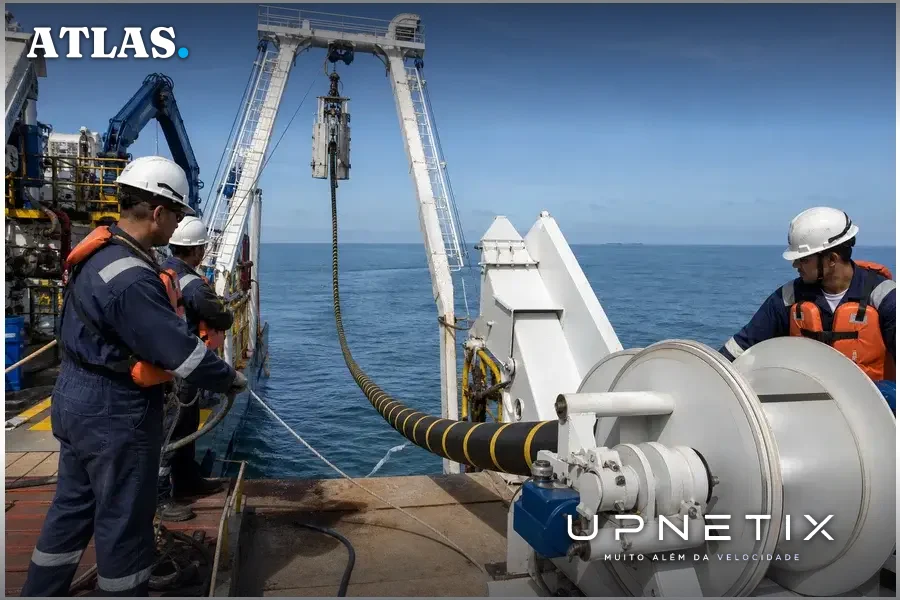 Instalação de cabo submarino com equipe técnica e embarcação especializada