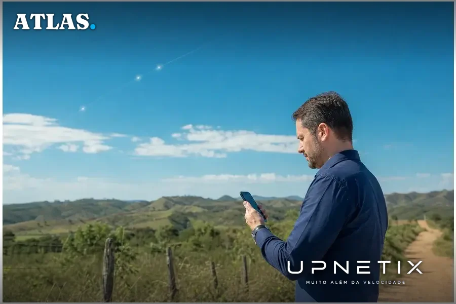 Usuário corporativo em área remota usando smartphone conectado diretamente via Starlink Mobile