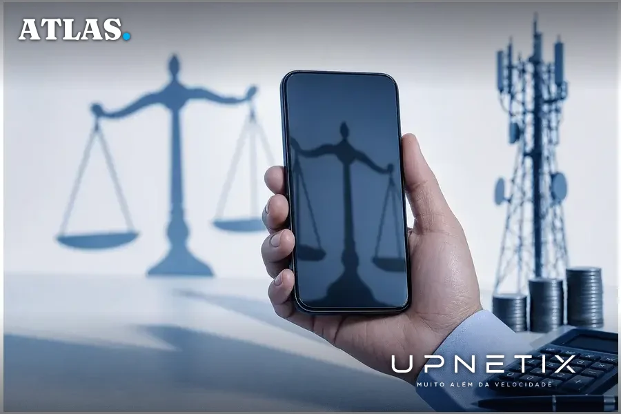 Mão segurando smartphone com sombra de balança da justiça ao fundo, simbolizando impacto da tributação no consumidor.