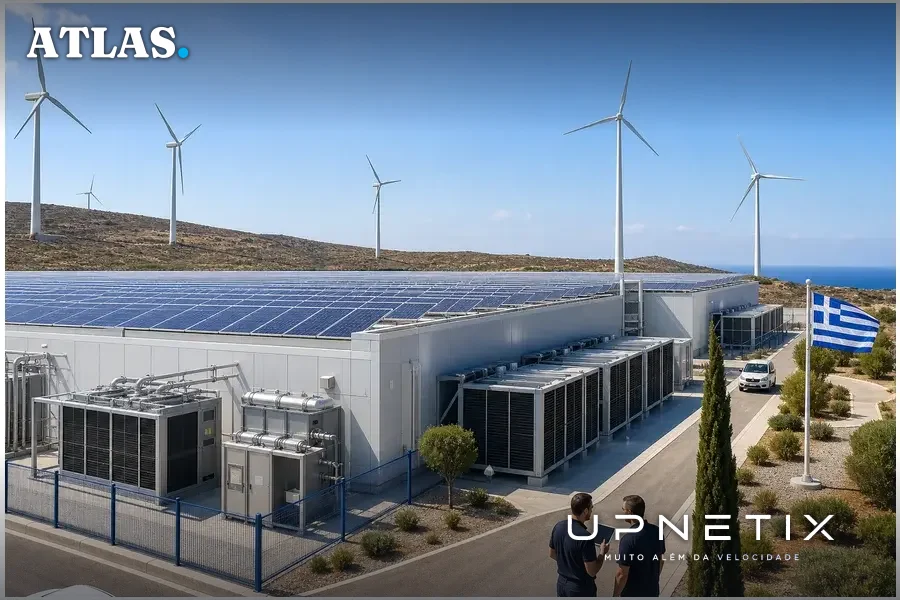 Data center moderno na Grécia com painéis solares e turbinas eólicas ao fundo.