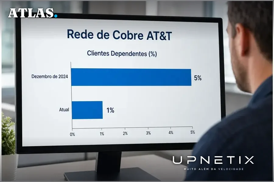 Gráfico de barras mostrando queda de 5% para 1% no uso da rede de cobre da AT&T.