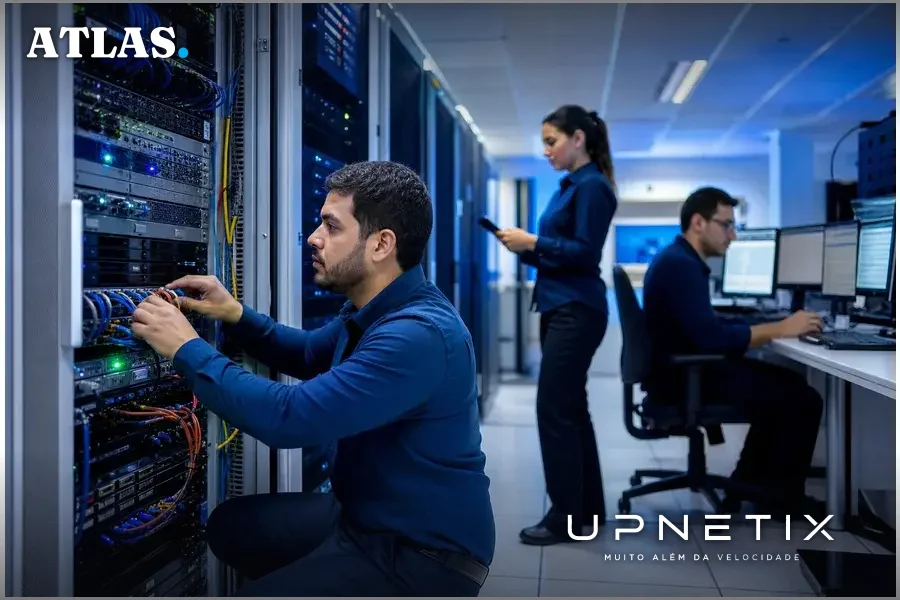 Técnicos de telecomunicações realizando integração de sistemas fiscais em sala de servidores