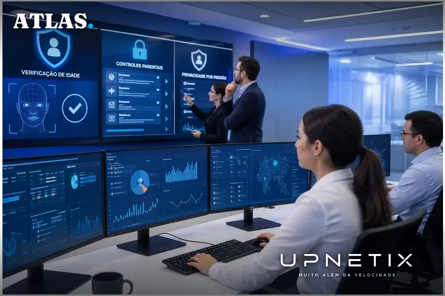 Equipe de segurança digital monitorando controles parentais e privacidade em plataformas digitais