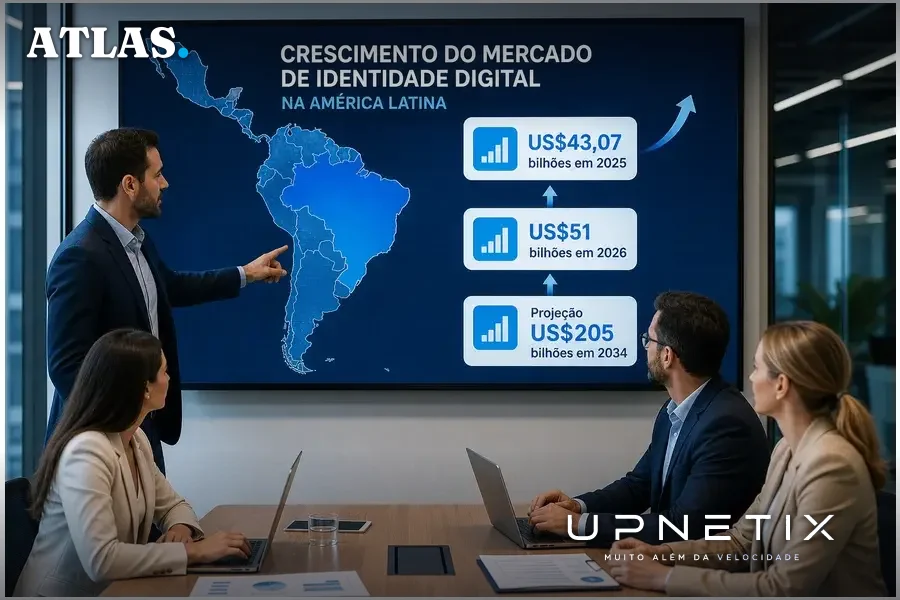 Mapa da América Latina com dados de crescimento do mercado de identidade digital e destaque para o Brasil