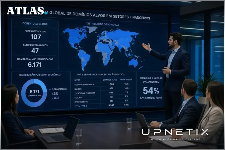 Mapa global com setores econômicos destacados e domínios atacados distribuídos em vários países.