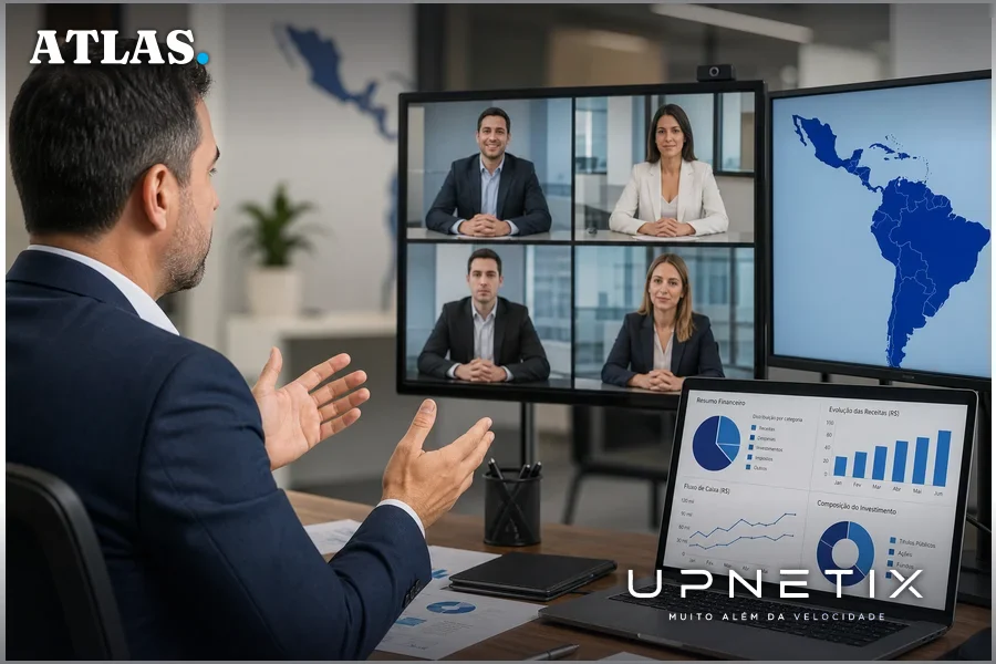 Executivo financeiro em videoconferência com mapas da América Latina e Caribe e gráficos financeiros ao fundo