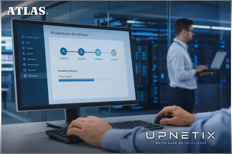 Técnico aplicando atualização de software em firewall Palo Alto Networks.