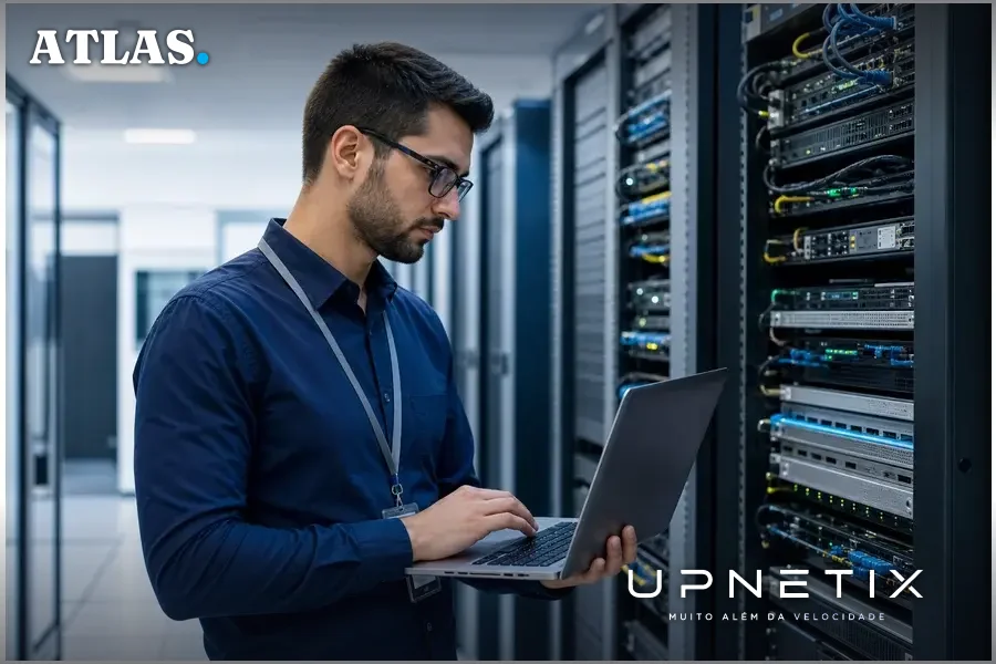 Profissional de TI configurando sistemas de gestão fiscal em data center com equipamentos de rede