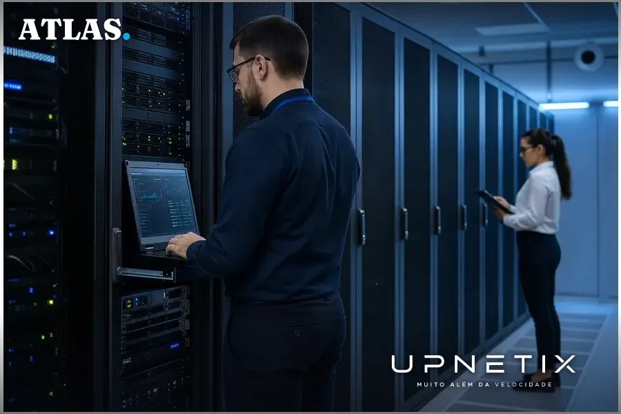 Sala de servidores moderna em data center corporativo com equipamentos de TI e luzes indicadoras.