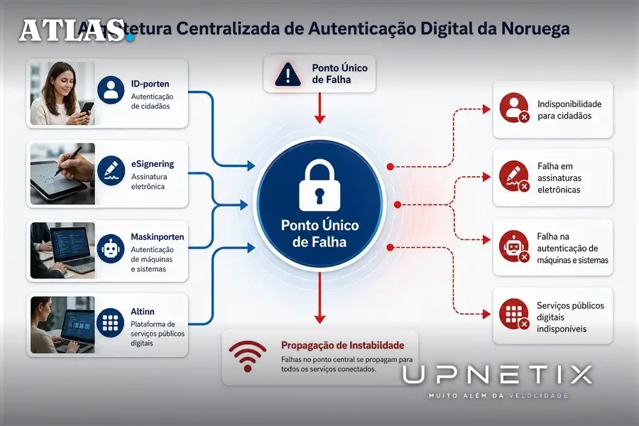 Diagrama da arquitetura centralizada de autenticação digital do governo norueguês com destaque para vulnerabilidades