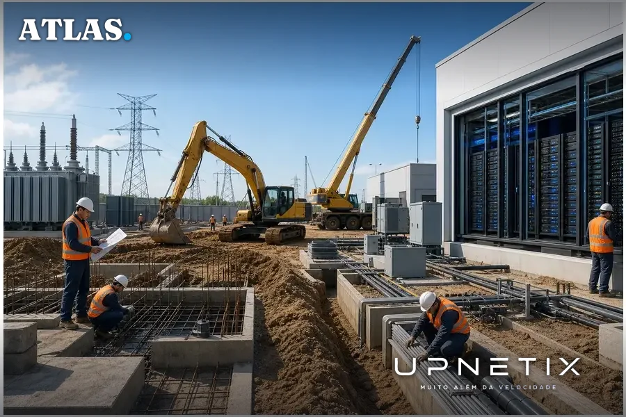 Obra de data center em construção com operários e equipamentos