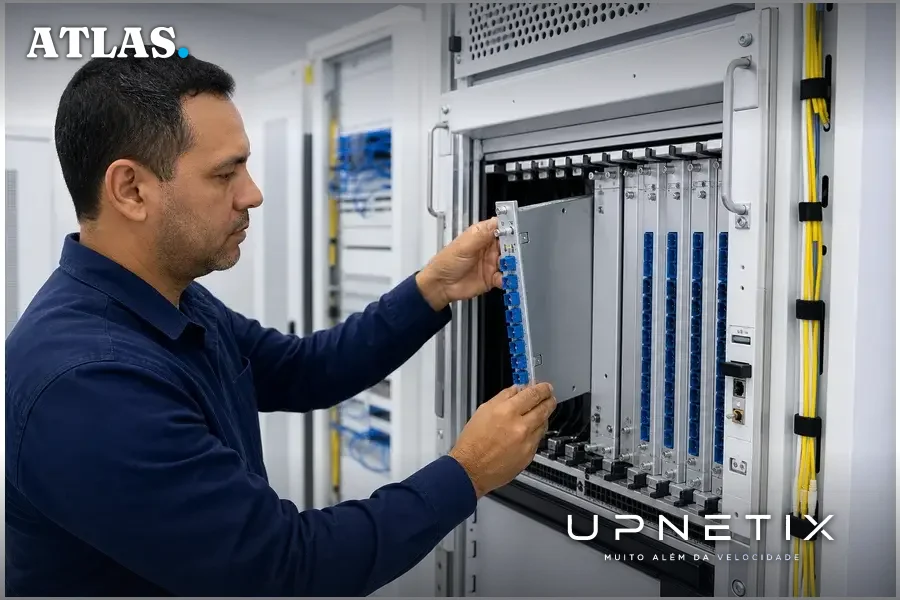 Técnico instalando equipamento OTDR linecard da Padtec em chassis de rede óptica com ambiente de sala de equipamentos claro.