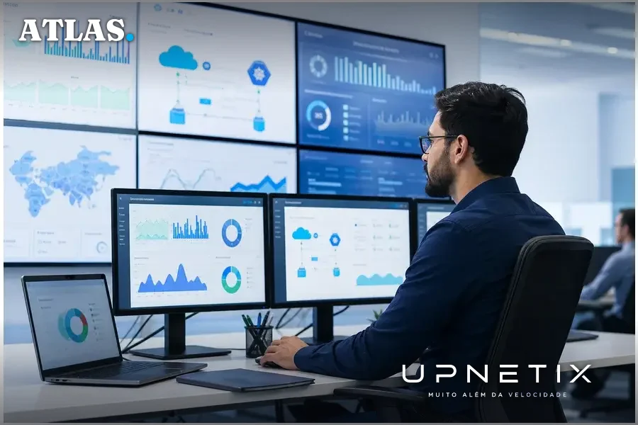 Engenheiro de TI monitorando infraestrutura de nuvem em ambiente corporativo moderno