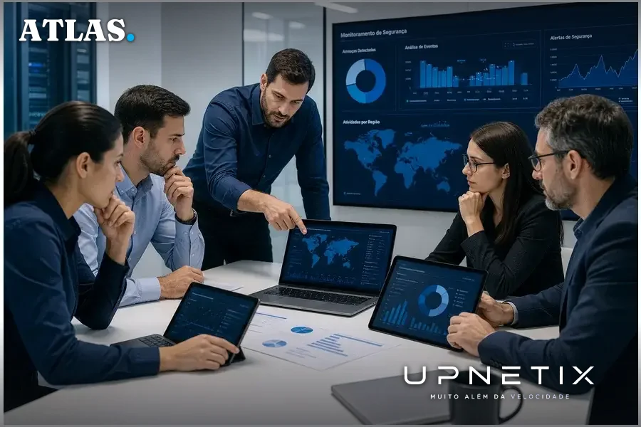 Equipe de segurança cibernética em reunião estratégica em ambiente corporativo.
