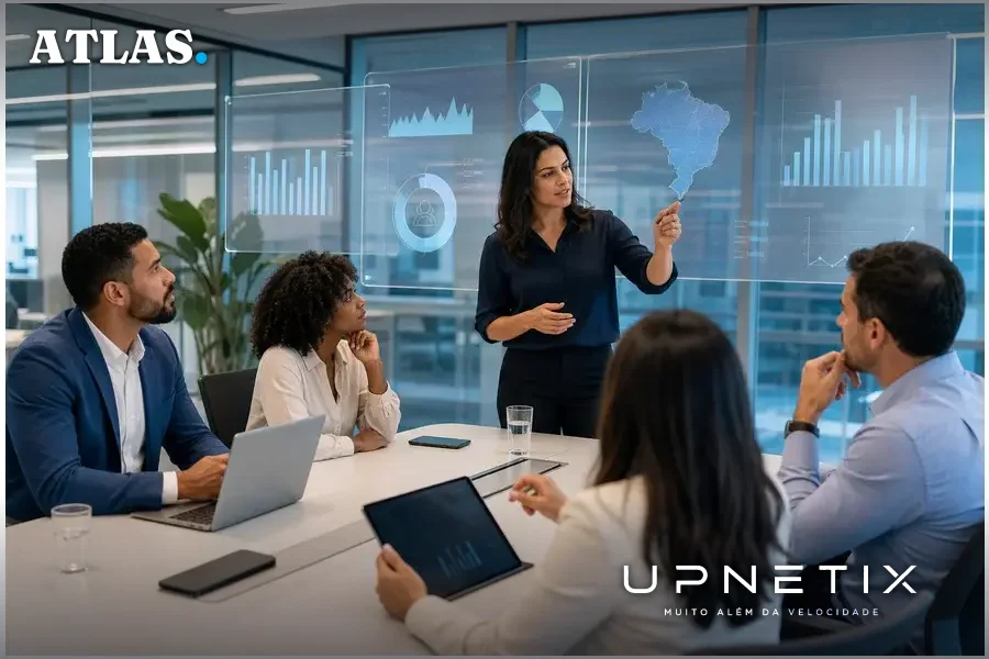 Reunião corporativa com profissionais brasileiros discutindo estatísticas da LGPD em telas digitais transparentes em ambiente moderno e iluminado.