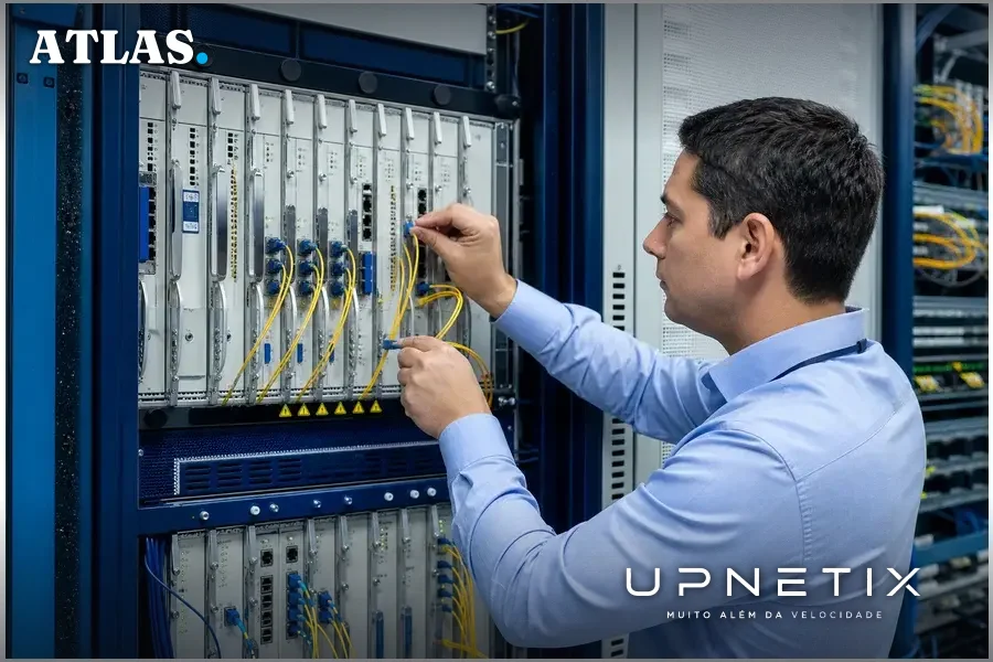 Equipamentos transponders ópticos e plataforma Packet-Optical 6500 em rack de telecomunicações.