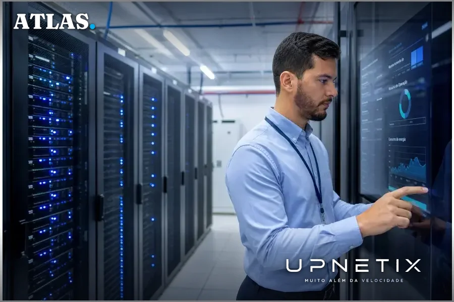 Técnico operando data center moderno com servidores em São Paulo, Brasil.