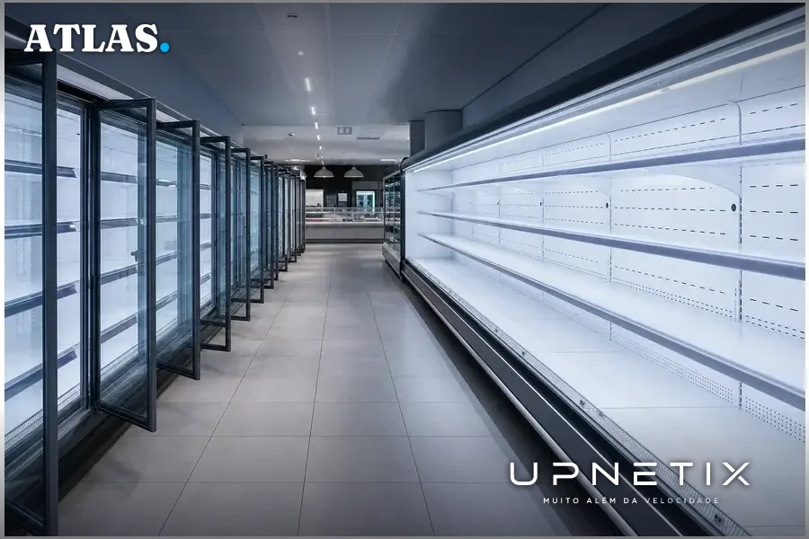 Corredor vazio de supermercado francês com freezers abertos e sem produtos, ambiente de refrigeração parado.