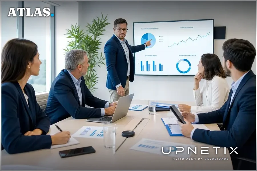 Executivos em reunião corporativa discutindo estratégias de investimento em IA